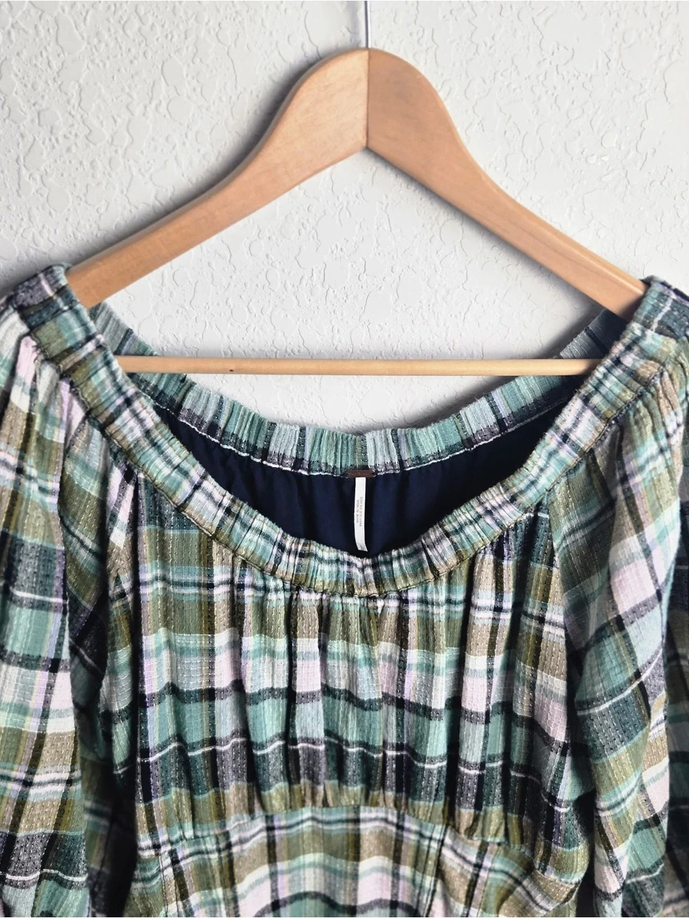 Free People Teagan Top L Teal Plaid Cotton Puff Sleeve Off Shoulder Peplum Boho